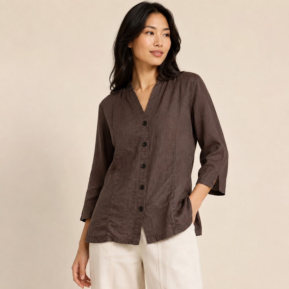Amber Sun Long Sleeve Women's Button Up Shirt Brown Linen-Polyester Size Medium
